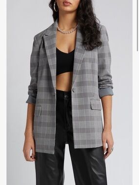 Open edit Gray Plaid Longline Blazer